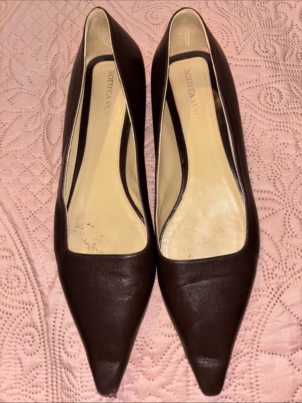 Bottega Veneta Dark Brown Pointed-Toe Leather Flats